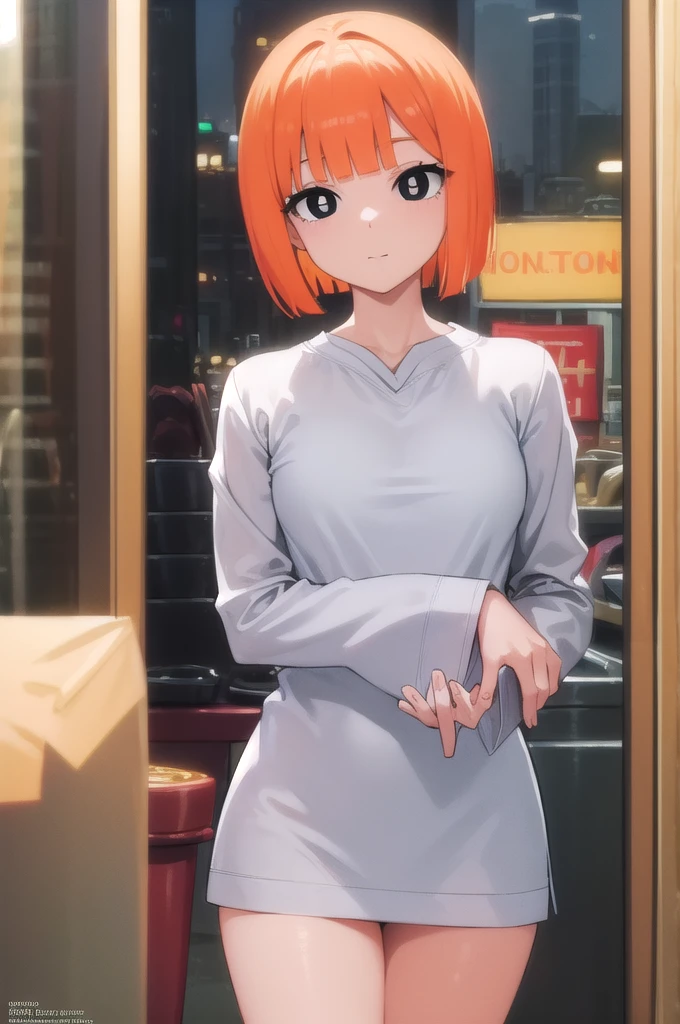 yorumac, yoru mac, short hair, bangs, (black eyes:1.5), blunt bangs, orange hair, bob cut, smile, bright pupils, BREAK looking at viewer, (cowboy shot:1.5),  , very young, BREAK (masterpiece:1.2), best quality, high resolution, unity 8k wallpaper, (illustration:0.8), (beautiful detailed eyes:1.6), extremely detailed face, perfect lighting, extremely detailed CG, (perfect hands, perfect anatomy),