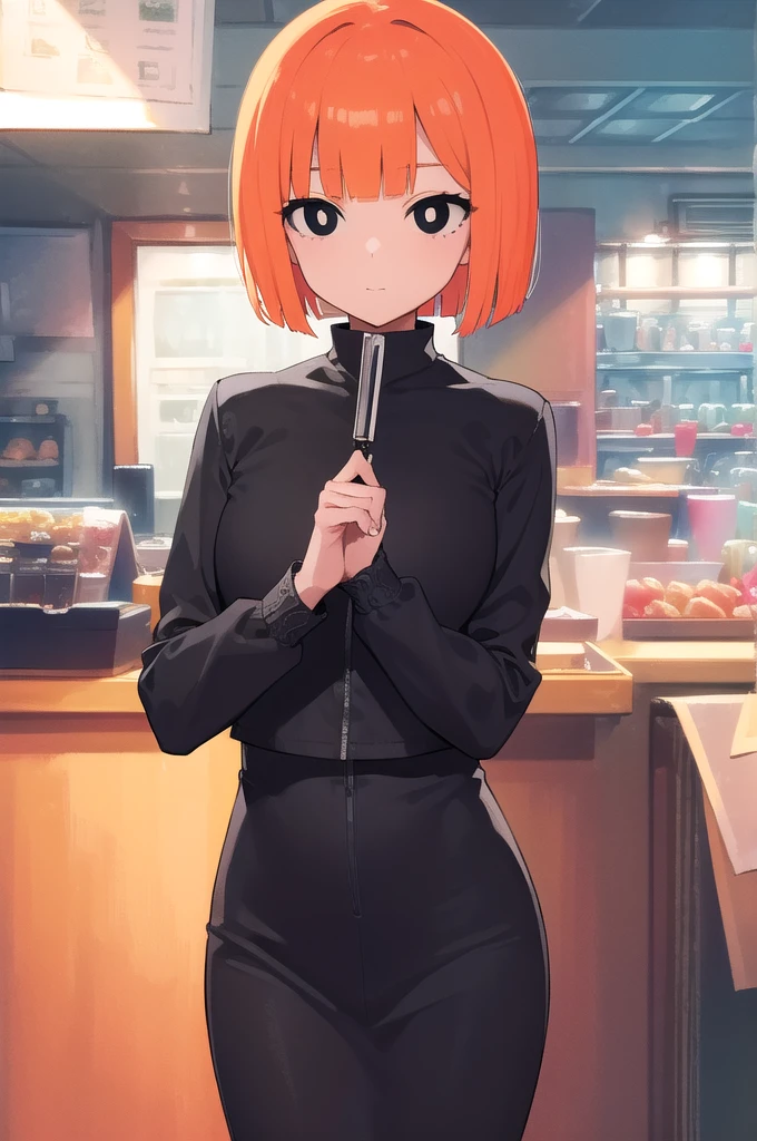 yorumac, yoru mac, short hair, bangs, (black eyes:1.5), blunt bangs, orange hair, bob cut, smile, bright pupils, BREAK looking at viewer, (cowboy shot:1.5),  , very young, BREAK (masterpiece:1.2), best quality, high resolution, unity 8k wallpaper, (illustration:0.8), (beautiful detailed eyes:1.6), extremely detailed face, perfect lighting, extremely detailed CG, (perfect hands, perfect anatomy),