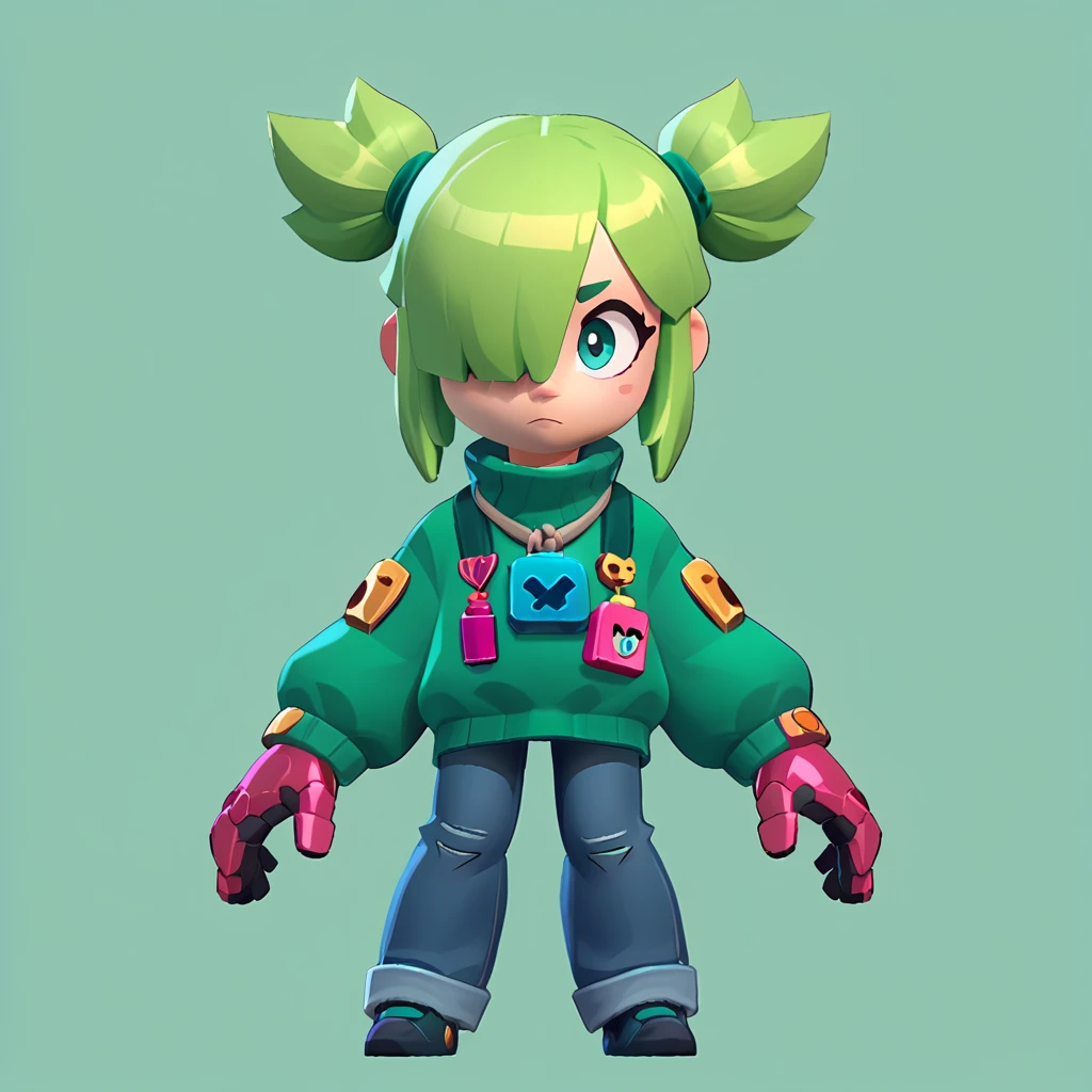 full body view of a teenage girl, neon green hairstyle with a lock of hair covering one eye, pointed pigtails, dressed in a green sweater and jeans, wearing big robotic gloves