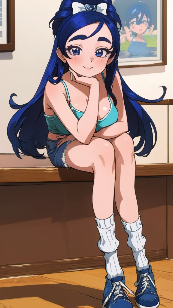 ((masterpiece, Perfect feet, highest quality)), One girl,alone,sitting,barefeet,feet_sit,Feet back,Toes, View your viewers,Suppressed, I am afraid, five Toes, dark dungeons, Blue Hair