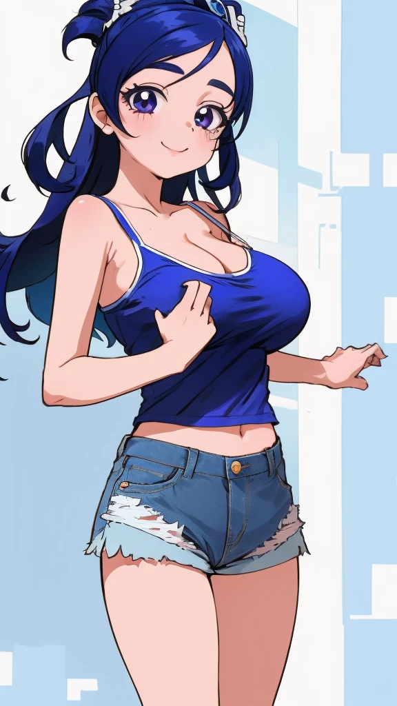 masterpiece, best quality, highres,cure white, 1girl, solo, long hair, blue hair,,huge breasts,looking viewer,(camisole,denim shorts,socks),