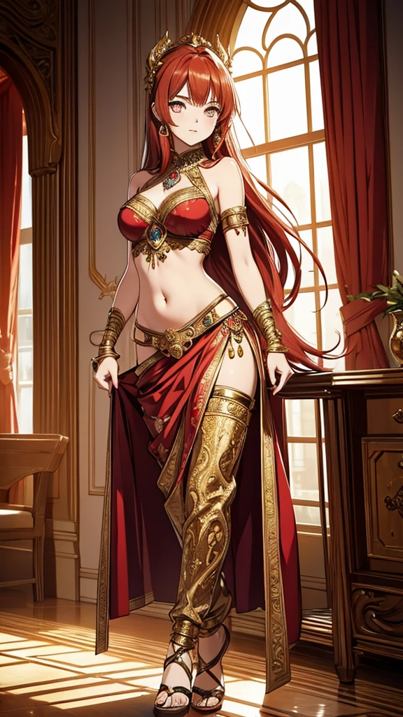 2d, masterpiece, best quality, anime, (highly detailed face), (highly detailed eyes), perfect lighting, 1girl, solo, full body, standing, genie attire, belly dancer pants, red hair