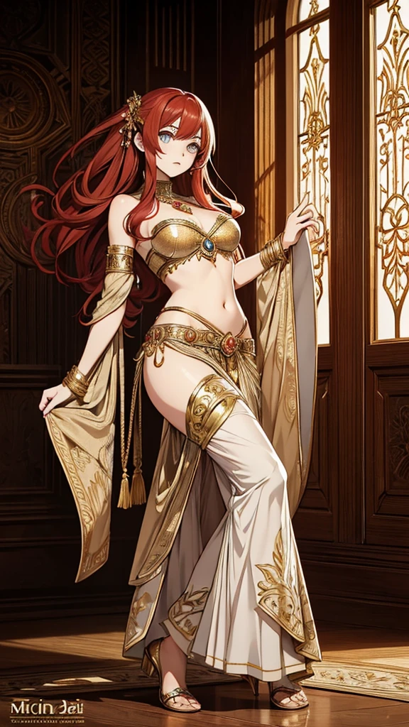 2d, masterpiece, best quality, anime, (highly detailed face), (highly detailed eyes), perfect lighting, 1girl, solo, full body, standing, genie attire, belly dancer pants, red hair