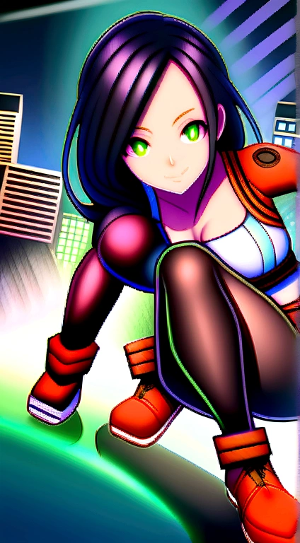 (8ｋ、Highest quality、masterpiece:1.2)、(Realistic、Realistic:1.3 people 7)、Very detailed、girl 1 mature mature woman mature woman people、cute、alone、、、、、、(Tifa Lockhart)、(Large Breasts)、(((Huge boobs)))、(((Shift clothes to show bra)))、(((Black Bra)))、(Beautiful Eyes)、(A cheerful smile:1.2)、(Closed)、Sexy pose、dance、neon、Cityscape、Depth of written boundary、Dark and strong shadows、Sharp focus、Auto、Motion Blur、bicycle、Depth of written boundary、composition、Glowing green light、Final Fantasy VII、tool、（鼻がredくなる）、Single Elbow Pad、Ankle boots、Dark black hair、Black thighs、red boots、Elbow hand pockets、Elbow pads、Fingerless gloves、Tight shirt、Play sports often、（suspenders,,,,,）Black Skirt)、tights、White tank top、whole body、Headrest、Lips、facial、Low Thai Long Hair、(red_It seems))、Yellow Flower、(night:1.3)、Complex、Bokeh、Cinema Lighting、Photon Mapping、Radio City、Physically Based Rendering、(Tetsuya Nomura Style)、Browsing Caution、Perfect breasts