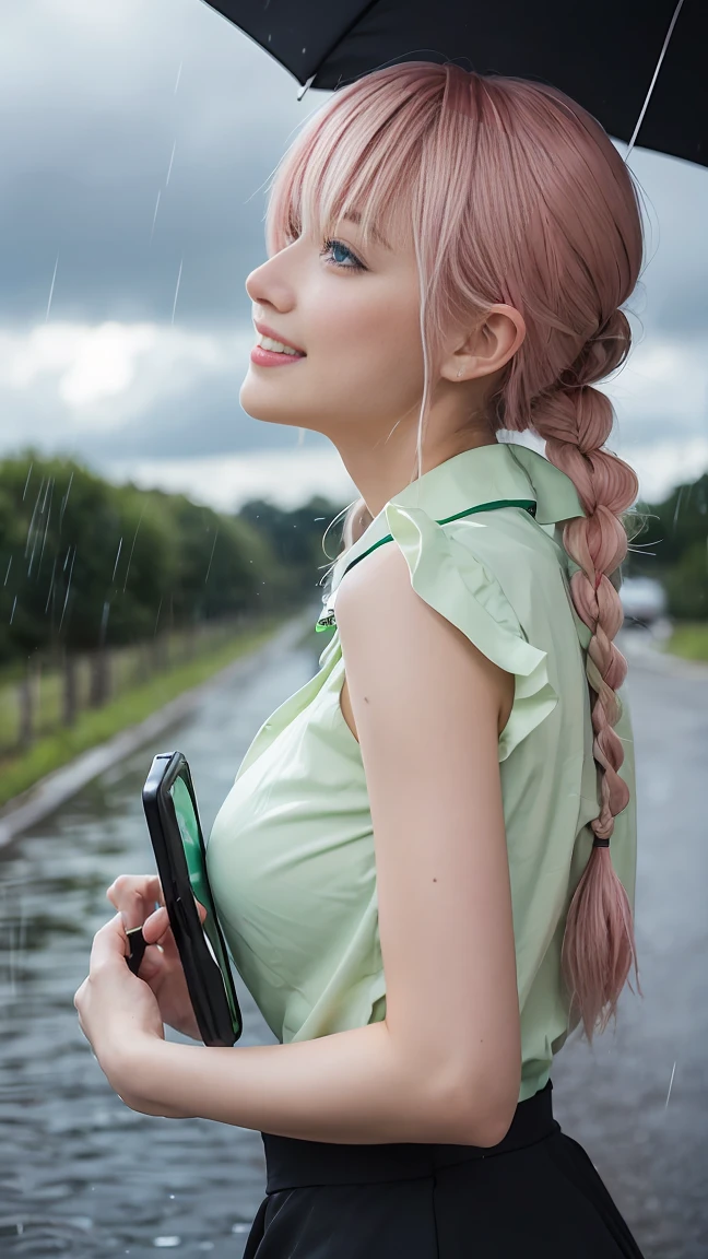 (8k, RAW photo, best quality, masterpiece, highres, absurdres, ultra detailed:1.3), (Photography, realistic, photo-realistic:1.4), (beautiful natural lighting, beautiful deatailed shadow, beautiful detailed glow :1.4),  atmospheric,

BREAK Beauty 1 Girl,Solo,(Cute:1.5),(Chibi:0.6),(kawaii:1.5),(Loli:0.5),BREAK,(17 years old girl),Very detailed,colourfull,highest details,Clear skin,Beautiful skin,Shy,Very detailed,colourfull,highest details,BREAK,Clear skin,Beautiful skin,Shy skin,1 beautiful girl,(Heterochromia,blue eyes,green eyes:1.75),star eye silhouette,BREAK,(Champagne pink hair, Medium length:1.6),(Twin braids,A little curly hair,Single-sided twisted blade,Princess Cut:1.3),(cleavage of the breast,Big breasts,Beautiful breasts,Large breasts:1.5),(long eyelashes, Double eyelids:1.2),Solo,gleaming skin, Clear skin, Beautiful skin,(best quality face),(Top quality glowing eyes), (The best smile,:D:1.45),

//Character
1girl,
BREAK

(traditional maid collared shirt:1.3),BREAK  ,(holding handy_fan and smartphone:1.3),(looking at smartphone:1.2),hands up,sweat,((running)),
(wet),glistening skin,(cloudy,heavy rain:1.6),(rural bus stop),
BREAK
girl is soaking wet,(Lightning in dark cloudy sky) ,


BREAK wakame,wakame,wakame,(cowboy shot,from side:1.4),

 BREAK manga illustration.media,manga style,(water color:1.15),

