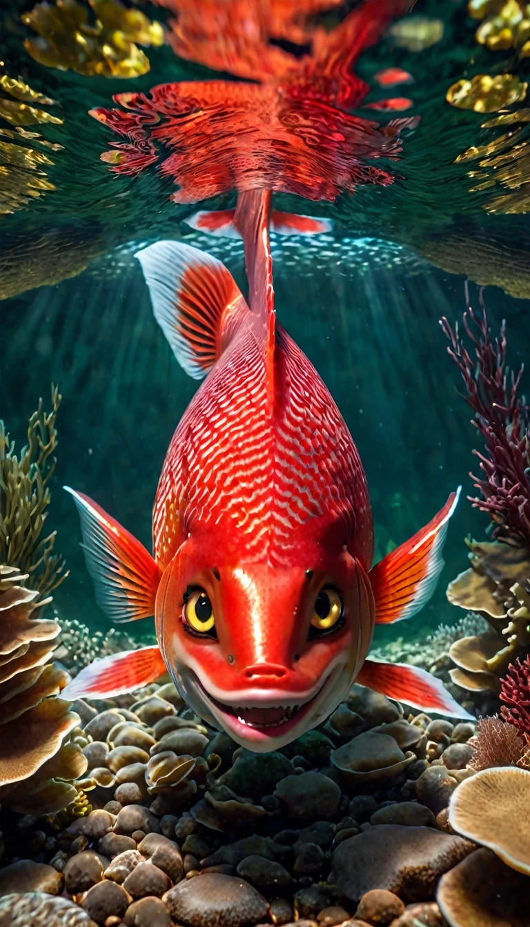 a red-skinned mermaid,intricate detailed face,piercing eyes,beautiful detailed lips,extremely detailed face and eyes,long eyelashes,sharp fangs,scaled skin,vibrant red skin tones,dramatic lighting,cinematic composition,highly detailed digital art,cinematic lighting,fantasy,concept art,photorealistic,4k,8k,highres,masterpiece,ultra-detailed