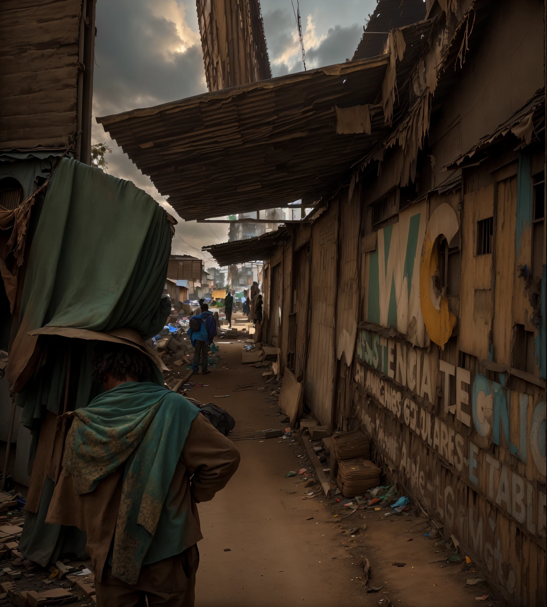 there are two men standing outside a building with a sign, location ( shanty town _ wand ), standing on a city street, standing on the city street, location ( shanty town ), well edited, por Willian Murai, photo taken from behind, back towards camera, canteen rows in the background, captured on iphone, rear shot, cell phone photo