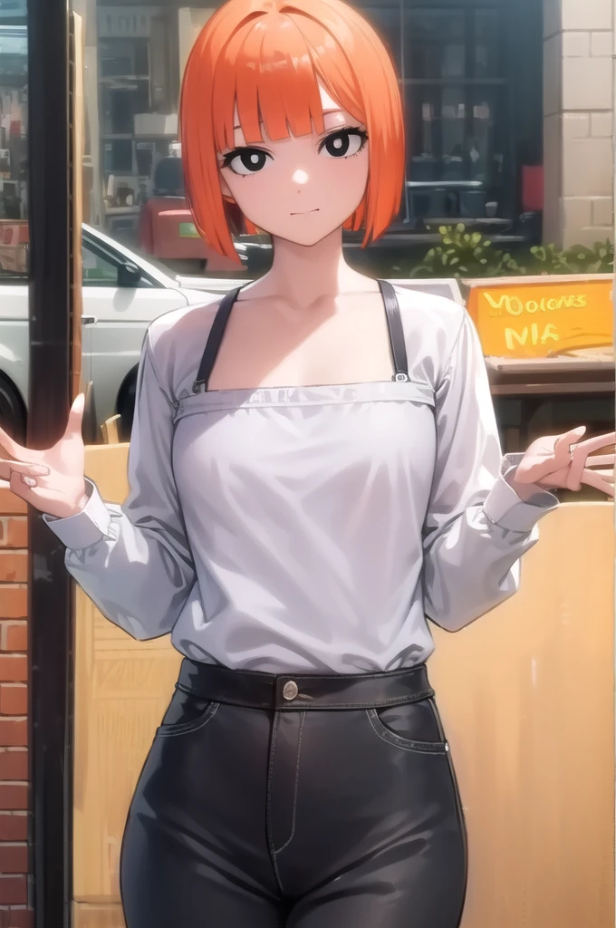 yorumac, yoru mac, short hair, bangs, (black eyes:1.5), blunt bangs, orange hair, bob cut, smile, bright pupils, BREAK looking at viewer, (cowboy shot:1.5), flat chest, very young, BREAK (masterpiece:1.2), best quality, high resolution, unity 8k wallpaper, (illustration:0.8), (beautiful detailed eyes:1.6), extremely detailed face, perfect lighting, extremely detailed CG, (perfect hands, perfect anatomy),