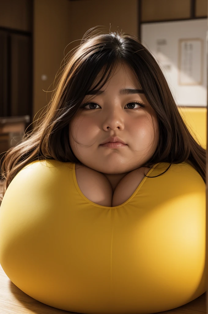 feature: is fat, yellow color, large nose, amazed hair.