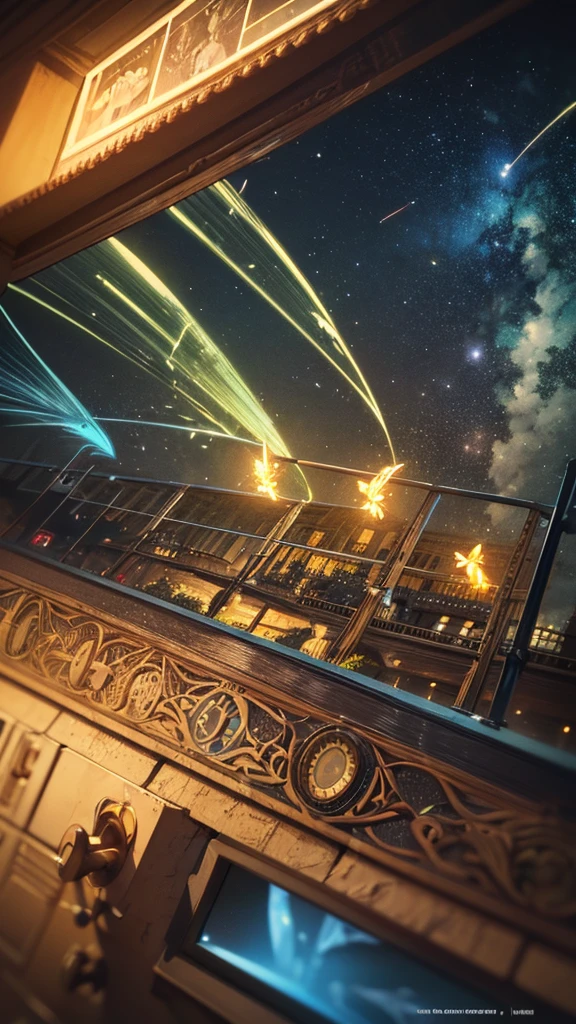 best quality, 16K, HDR, UHD, unreal engine, Ray tracing, Fantastic scenery, (Yellow-green firefly light), Illustration of a stream with fireflies flying around, low angle,  Bridge, Milky Way, cinematic lighting, ethereal light, intricate details, extremely detailed, incredible details, full colored, complex details, insanely detailed and intricate, hypermaximalist, extremely detailed with rich colors. super detail, gorgeous light and shadow, detailed decoration, detailed linesNikon Z9, NIKKOR Z 14mm f/1.8 Lenses, Depth of written boundary, 