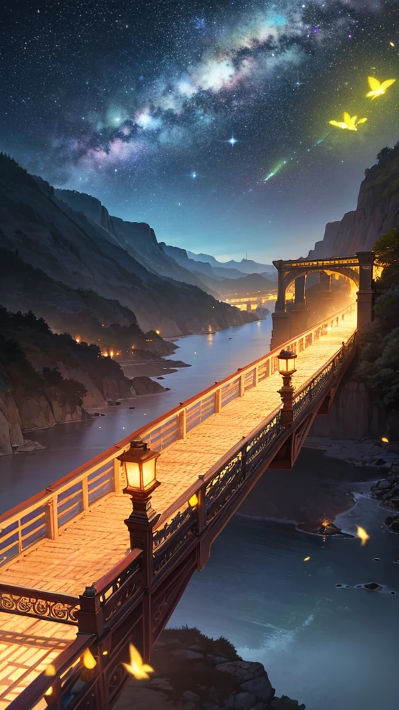 best quality, 16K, HDR, UHD, unreal engine, Ray tracing, Fantastic scenery, (Yellow-green firefly light), Illustration of a stream with fireflies flying around, low angle, Bridge, Milky Way, cinematic lighting, ethereal light, intricate details, extremely detailed, incredible details, full colored, complex details, insanely detailed and intricate, hypermaximalist, extremely detailed with rich colors. super detail, gorgeous light and shadow, detailed decoration, detailed linesNikon Z9, NIKKOR Z 14mm f/1.8 Lenses, Depth of written boundary,