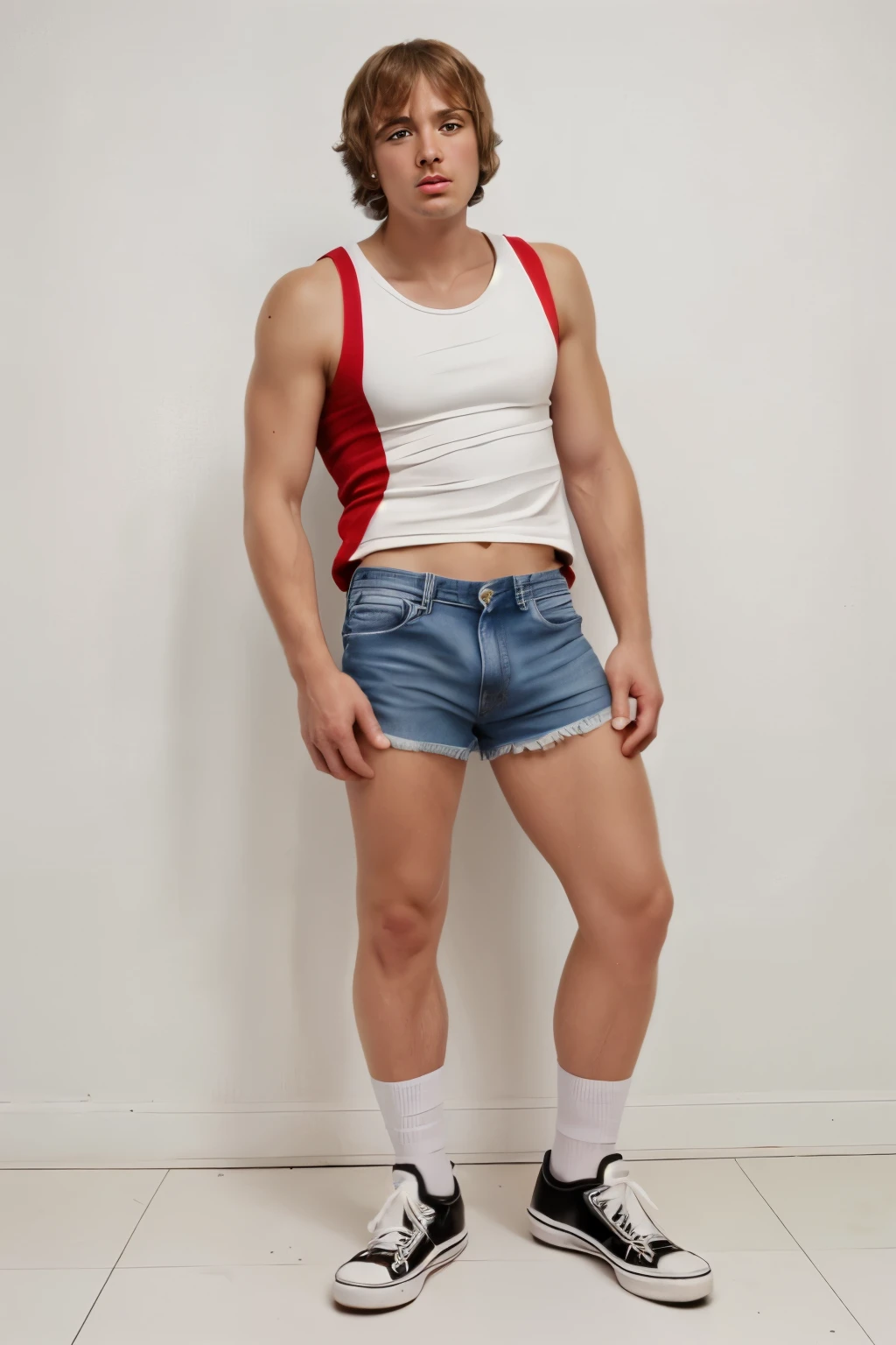 twink boys wearing tight briefs, one in doggy pose, one standing with legs apart, buzz cut, smooth body, cute european face, smiling, high quality, natural face, standing in the middle of a busy street