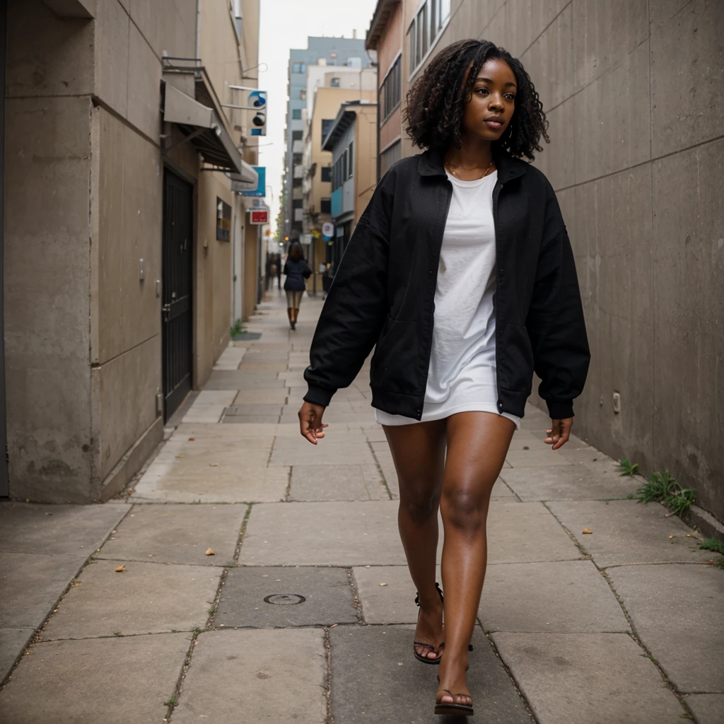 A beautiful black woman walking down sidewalk, profi
