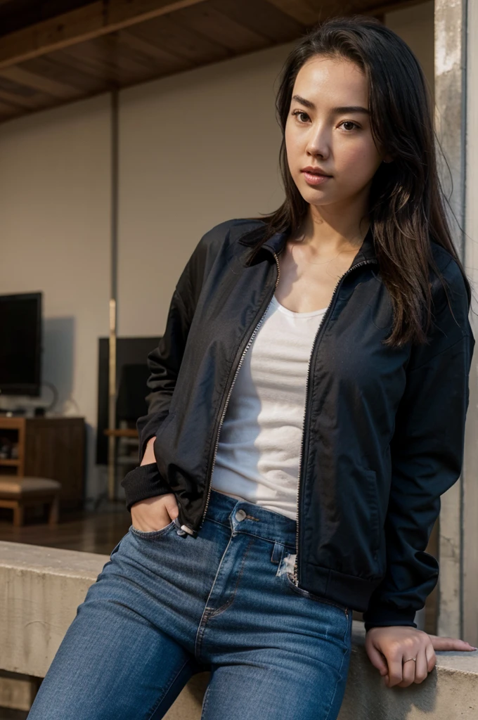Jessica Henwick, black jacket, low-cut t-shirt, blue jeans