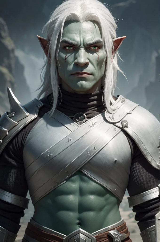 Create a half-orc character with gray skin, white hair and green eyes with armor