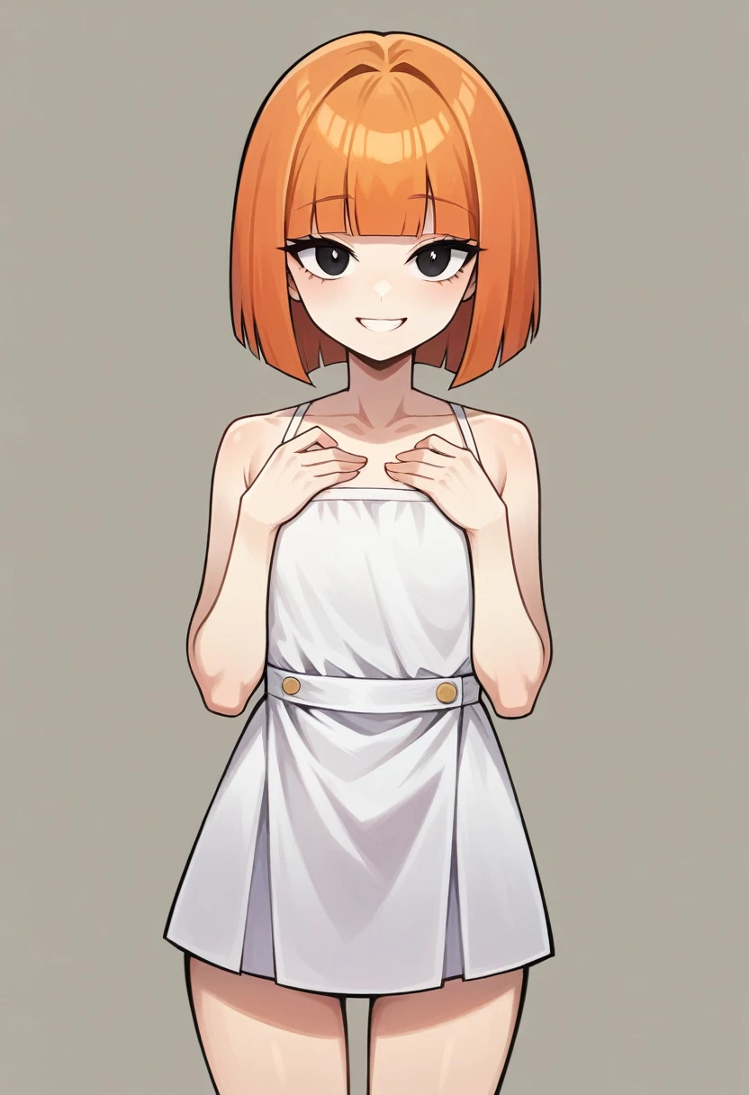 yorumac, yoru mac, short hair, bangs, (black eyes:1.5), blunt bangs, orange hair, bob cut, smile, bright pupils, BREAK looking at viewer, (cowboy shot:1.5), flat chested, small breasts, very young, BREAK (masterpiece:1.2), best quality, high resolution, unity 8k wallpaper, (illustration:0.8), (beautiful detailed eyes:1.6), extremely detailed face, perfect lighting, extremely detailed CG, (perfect hands, perfect anatomy),