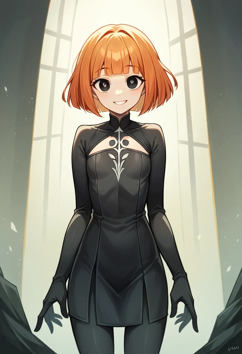 yorumac, yoru mac, short hair, bangs, (black eyes:1.5), blunt bangs, orange hair, bob cut, smile, bright pupils, BREAK looking at viewer, (cowboy shot:1.5), flat chested, small breasts, very young, BREAK (masterpiece:1.2), best quality, high resolution, unity 8k wallpaper, (illustration:0.8), (beautiful detailed eyes:1.6), extremely detailed face, perfect lighting, extremely detailed CG, (perfect hands, perfect anatomy),