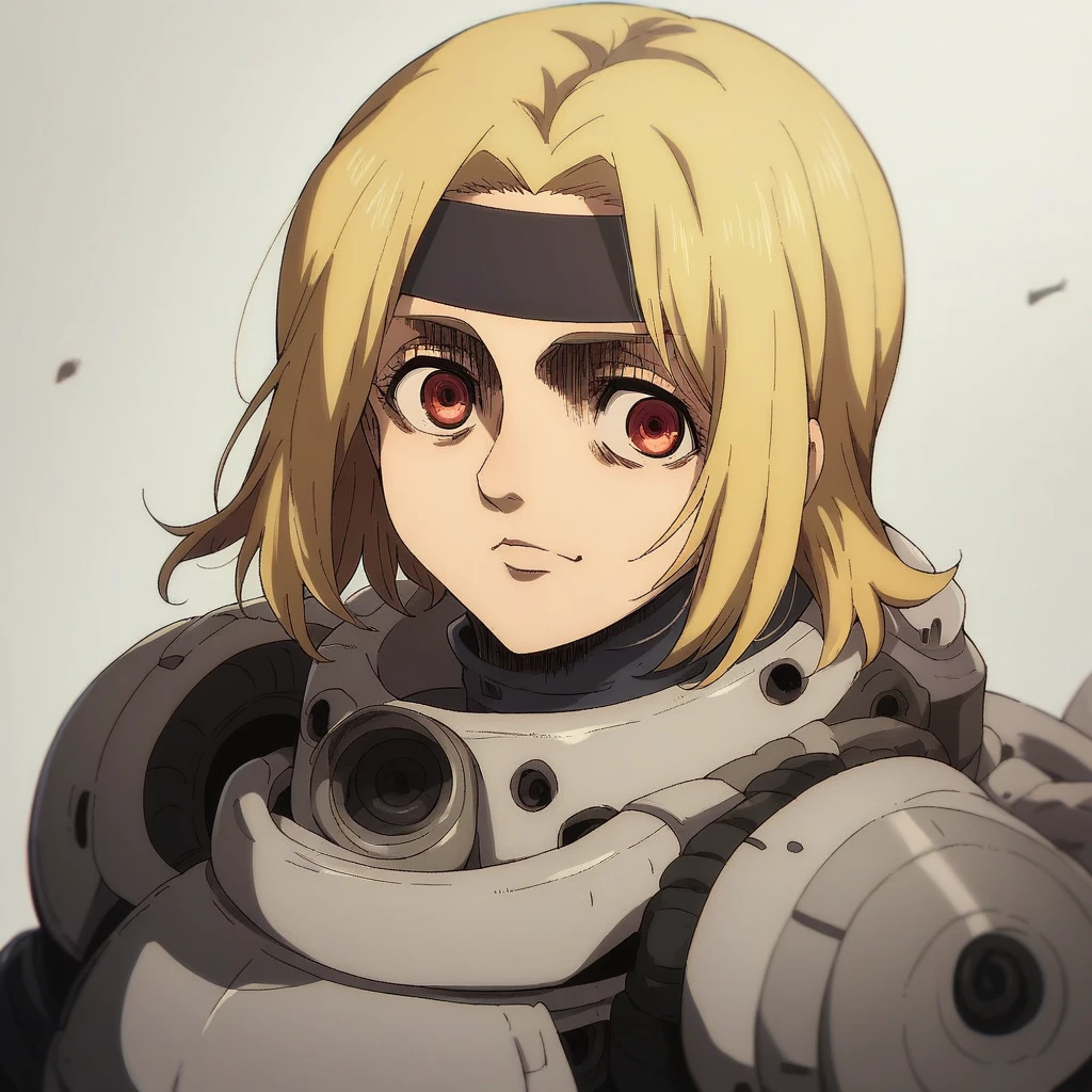 shingeki_no_kyojin_s4_style, portrait, solo, medium hair, mech suit, blonde hair, red eyes, black headband, happy, 1 girl, big breast