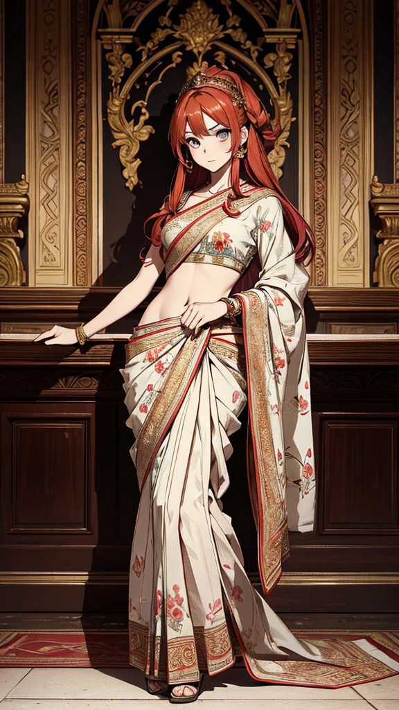 2d, masterpiece, best quality, anime, (highly detailed face), (highly detailed eyes), perfect lighting, 1girl, solo, full body, standing, genie attire, saree, red hair