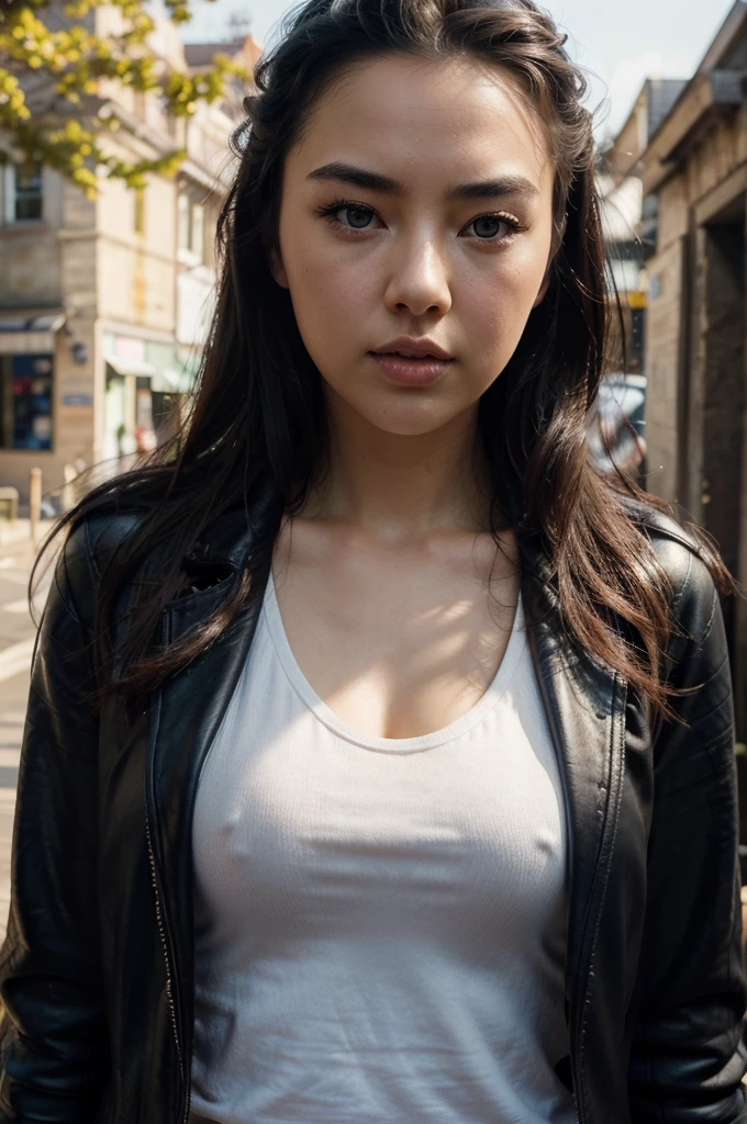 Jessica Henwick, beautiful detailed eyes, beautiful detailed lips, extremely detailed eyes and face, long eyelashes, beautiful woman, portrait, black leather jacket, white low-cut t-shirt, blue jeans, outdoor, natural lighting, golden hour, cinematic, dramatic lighting, highly detailed, photorealistic, 8k, hyper-realistic, masterpiece, intricate details