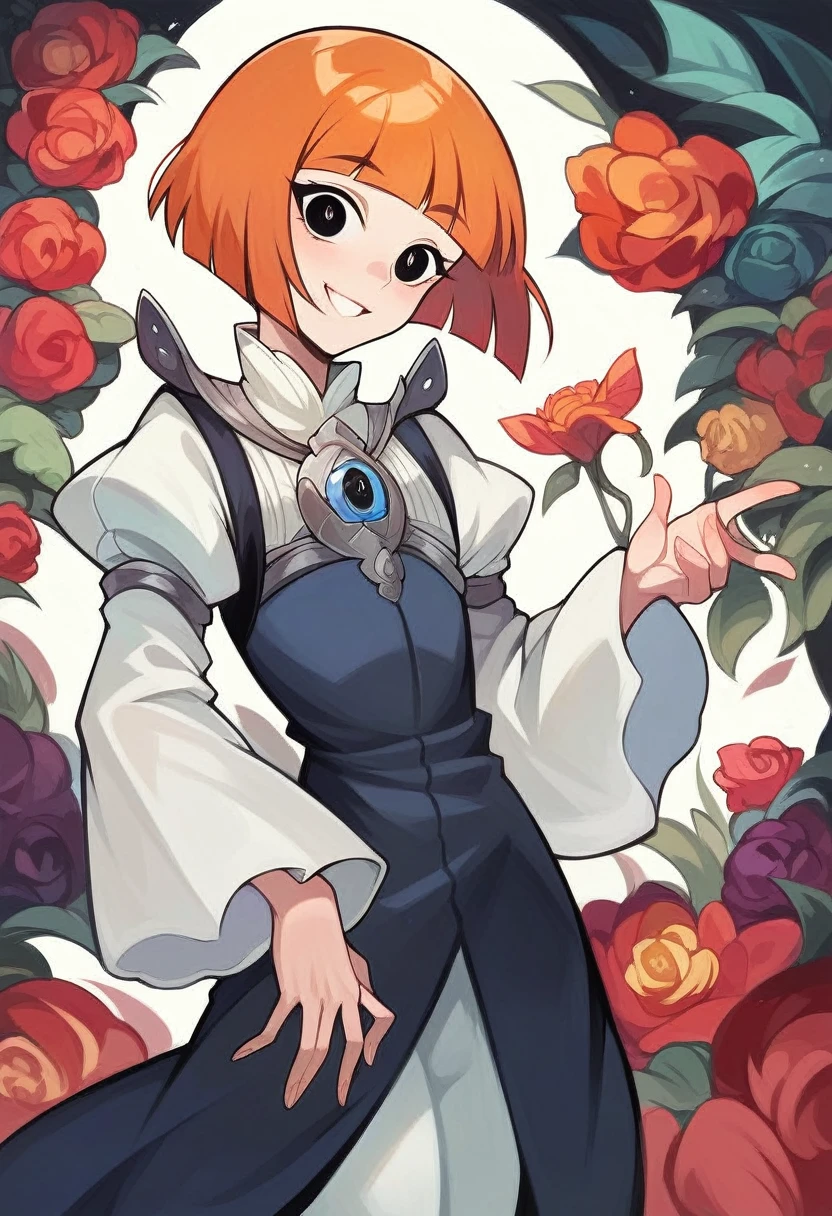 yorumac, yoru mac, short hair, bangs, (black eyes:1.5), blunt bangs, orange hair, bob cut, smile, bright pupils, BREAK looking at viewer, (cowboy shot:1.5), flat chested, small breasts, very young, BREAK (masterpiece:1.2), best quality, high resolution, unity 8k wallpaper, (illustration:0.8), (beautiful detailed eyes:1.6), extremely detailed face, perfect lighting, extremely detailed CG, (perfect hands, perfect anatomy),