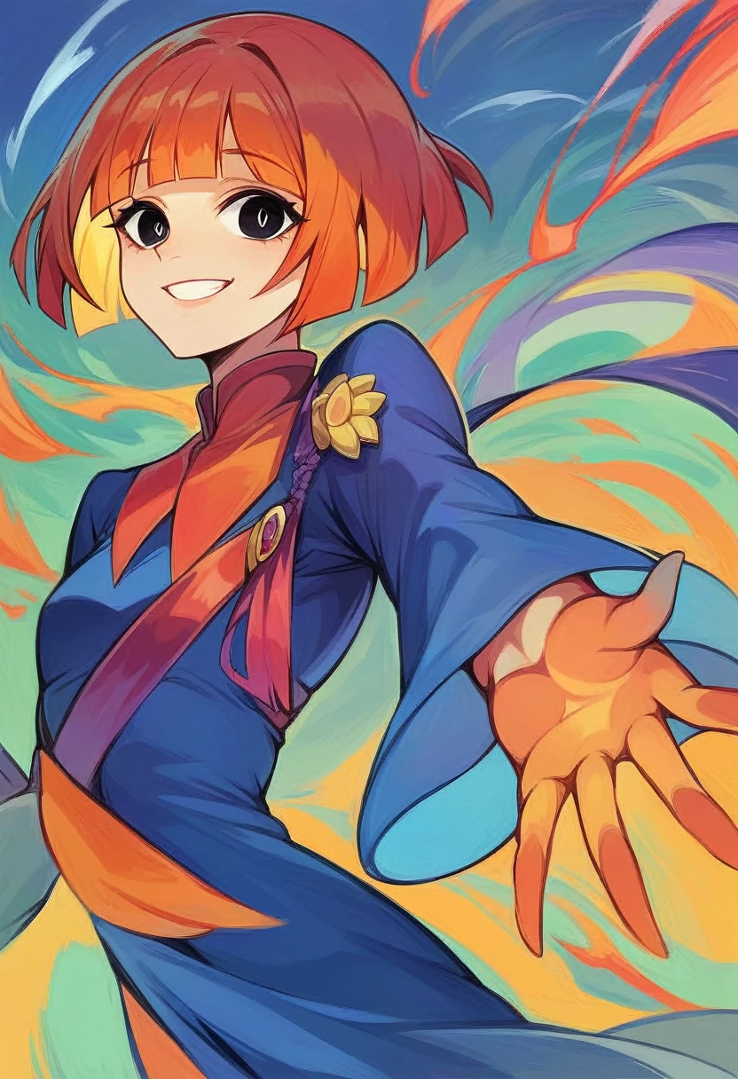 yorumac, yoru mac, short hair, bangs, (black eyes:1.5), blunt bangs, orange hair, bob cut, smile, bright pupils, BREAK looking at viewer, (cowboy shot:1.5), flat chested, small breasts, very young, BREAK (masterpiece:1.2), best quality, high resolution, unity 8k wallpaper, (illustration:0.8), (beautiful detailed eyes:1.6), extremely detailed face, perfect lighting, extremely detailed CG, (perfect hands, perfect anatomy),