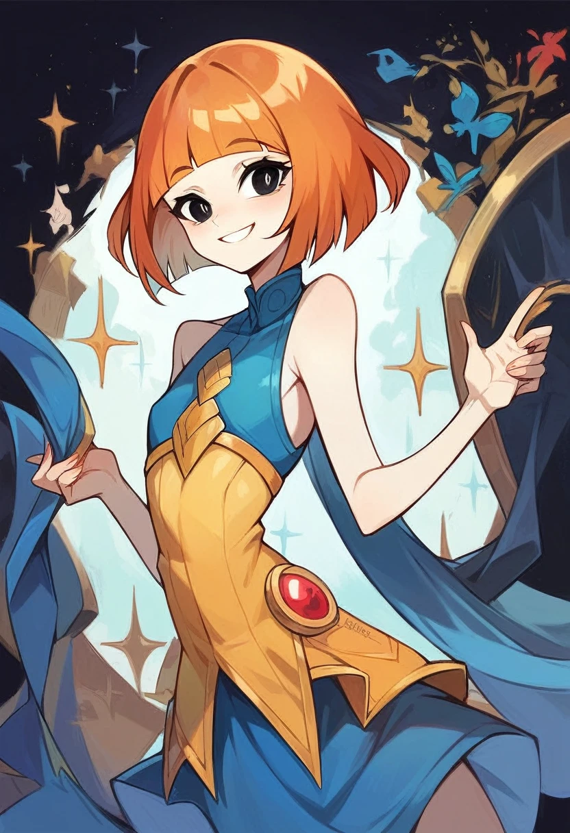 yorumac, yoru mac, short hair, bangs, (black eyes:1.5), blunt bangs, orange hair, bob cut, smile, bright pupils, BREAK looking at viewer, (cowboy shot:1.5), flat chested, small breasts, very young, BREAK (masterpiece:1.2), best quality, high resolution, unity 8k wallpaper, (illustration:0.8), (beautiful detailed eyes:1.6), extremely detailed face, perfect lighting, extremely detailed CG, (perfect hands, perfect anatomy),