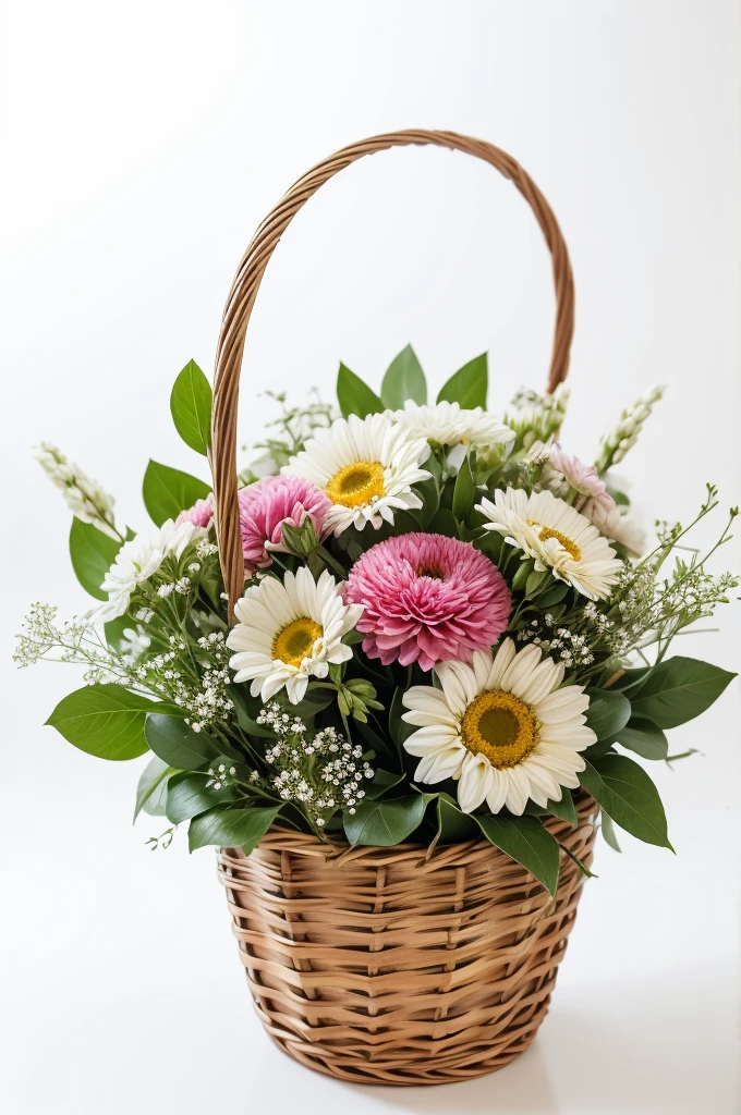 bouquet of flowers in a small basket on a white background 