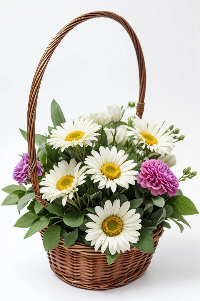 bouquet of flowers in a small basket on a white background 