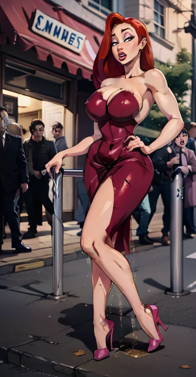 jessica rabbit, red hair, masterpiece, top quality, RAW, analog style, tanned redhead, full length shot, muscular legs, muscular calves, Strong legs, muscular thighs, wide hips, Curvy hips, high heel sandals, large hoop earrings, He really хочет мочиться, walking the crowded street, costs, Holds on to the handrail, (Very detailed skin, leather details), full body view, sharp focus, contract for 8 thousand., SLR camera, high quality, detailing, Fujifilm XT3, confusingly detailed, Very detailed, foot by foot, wants to urinate, desperately wants to pee, wants to urinate, отчаянно wants to urinate поза, Expression of shame on the face, confusion, Palm on stomach, wrinkles the hem of her skirt with her hands, Knees clenched, Hips squeezed, Tense posture, bites his lower lip, Full bladder, really wants to go to the toilet, anatomically correct, realistic,