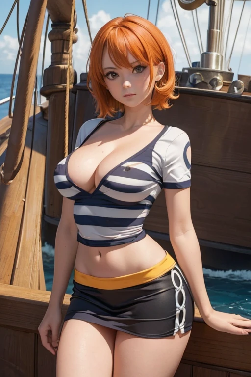 (masterpiece), best quality, expressive eyes, perfect face, front lighting, (outside onboard pirate ship at sea background), (posing), (seductive look), (cleavage view), (1girl, Nami, 18 years old, orange hair, short hair, brown eyes, hourglass figure, left shoulder tattoo, skinny body, thin body, petite_body, small breasts, wide hips, thick thighs), (striped shirt, white shirt, short sleeves, exposed cleavage, bracelet, yellow skirt),