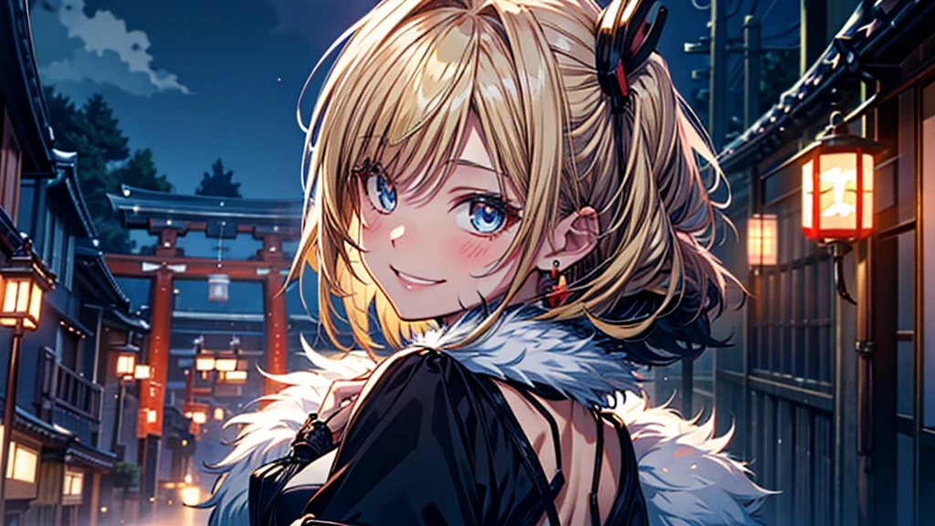 absurd, ultra detailed,color bright, Extremely beautiful and detailed anime face and eyes., see from the front, ;d, bright_fur,25 years, short hair, , asymmetrical bangs, Blonde hair with short twin tails., cabello bright, delicate beautiful face, red blush、Blue eyes, White fur, hair clips, (looking back:1.3)、(happy smile:1.3)、cabello bright、small earring、small necklace、Quimono de colores brights、(Kyoto at night:1.4)