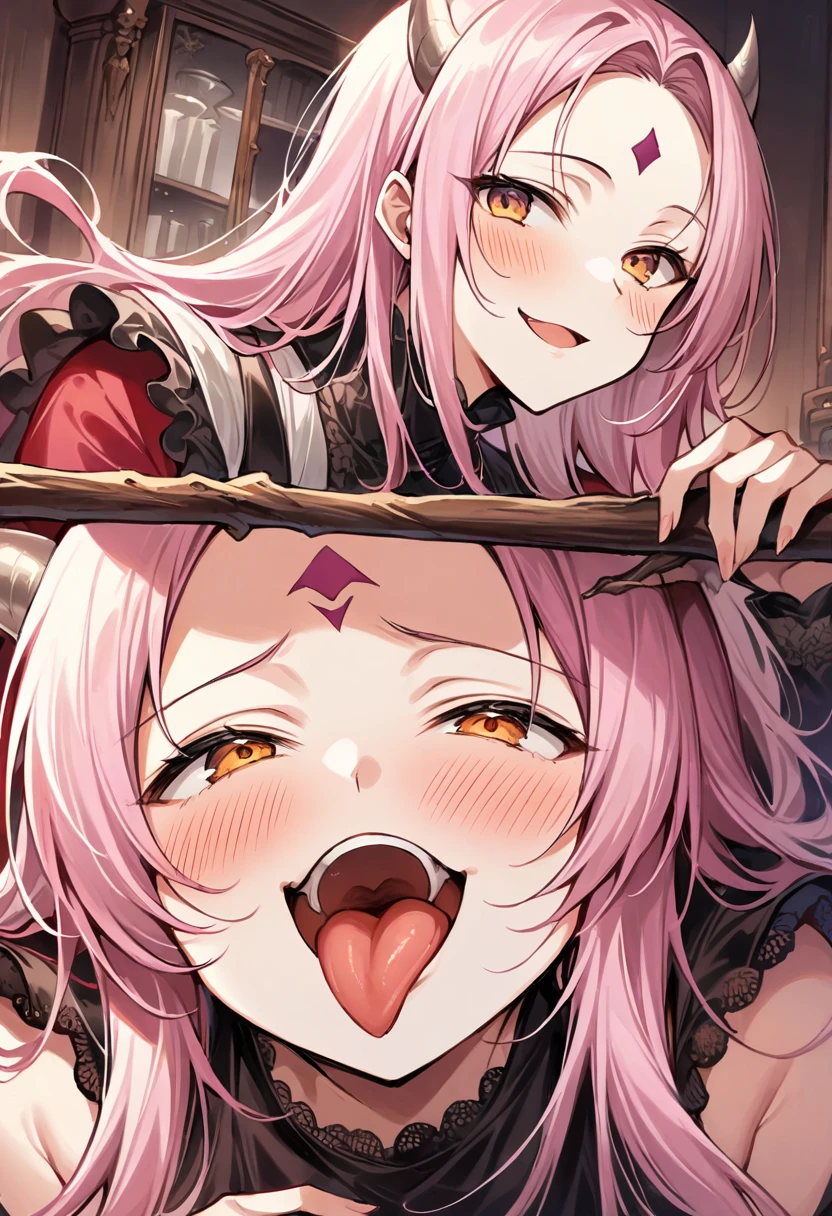 ((male:1.5)),(Forehead mark),(Silky pink hair:1.2),((Devil horns:1.2)),(A nihilistic smile:1.5),((Sexy room:1.25)),(Browsing Caution:1.1),((high quality:1.1)),((Perfect Face:1.2)),((Beautiful images:1.1)),Face close-up,(blush,fall into pleasure:1.3),((Antique furniture and tableware:1.1)),((Open your mouth wide and stick out your tongue:1.3)),((look up:1.2))