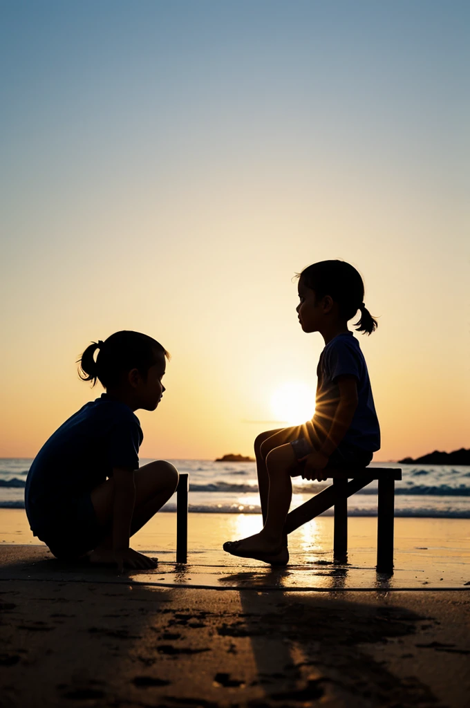 Generates an image of two children sitting on their backs, silhouette 