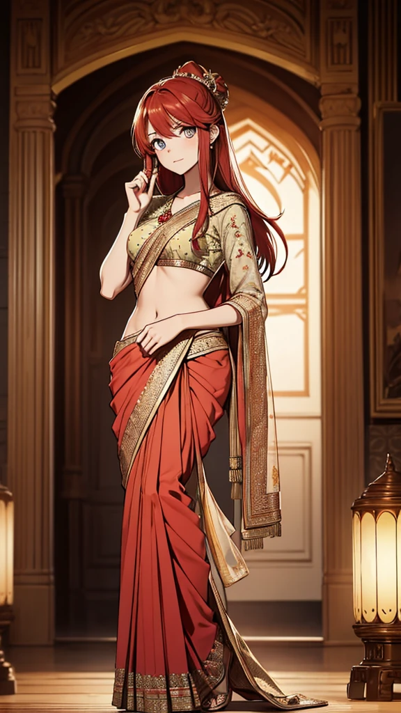 2d, masterpiece, best quality, anime, (highly detailed face), (highly detailed eyes), perfect lighting, 1girl, solo, full body, standing, genie attire, saree, red hair