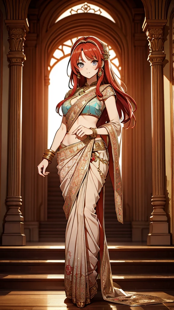 2d, masterpiece, best quality, anime, (highly detailed face), (highly detailed eyes), perfect lighting, 1girl, solo, full body, standing, genie attire, saree, red hair