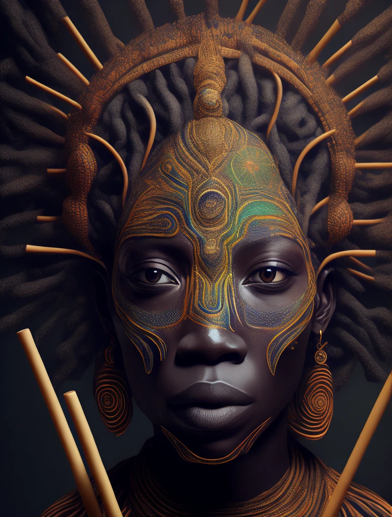 Obaluayê the African orisha wearing a detailed and intricate ade, god of health, face covered with straws, penetrating gaze, cosmic god, astrophotography