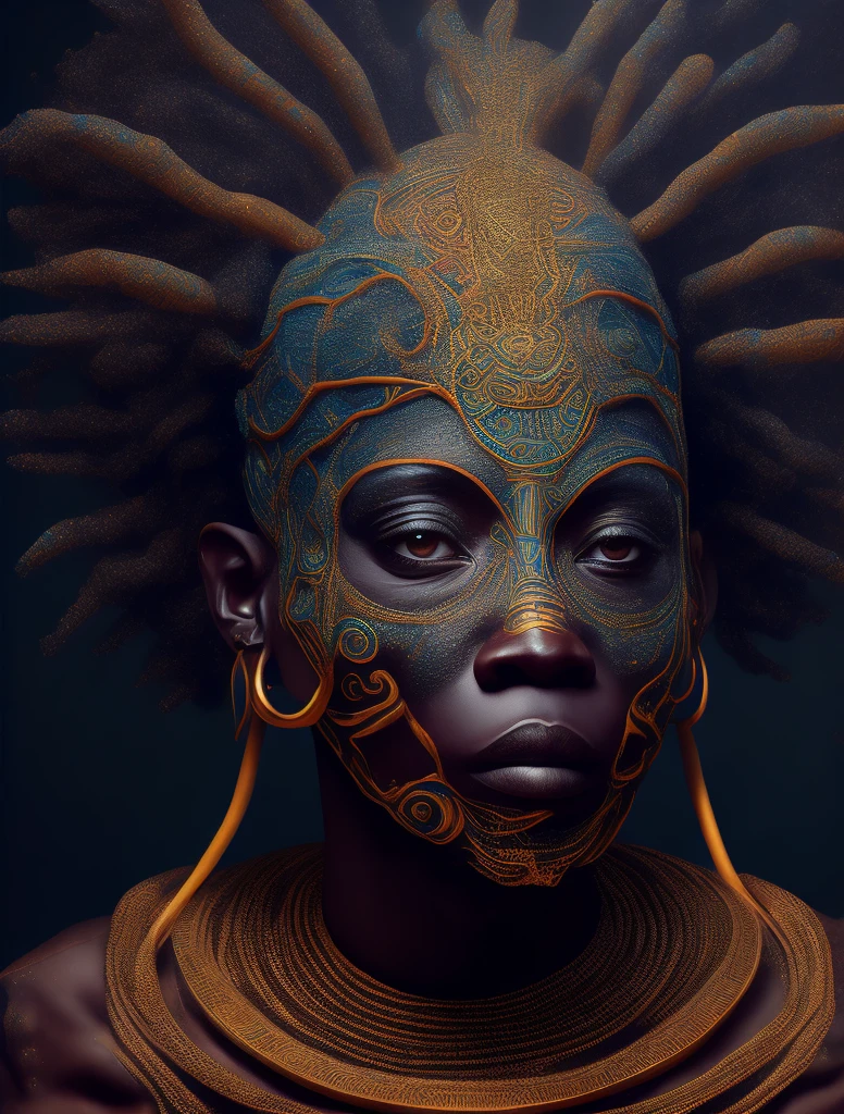 Obaluayê the African orisha wearing a detailed and intricate ade, god of health, face covered with straws, penetrating gaze, cosmic god, astrophotography