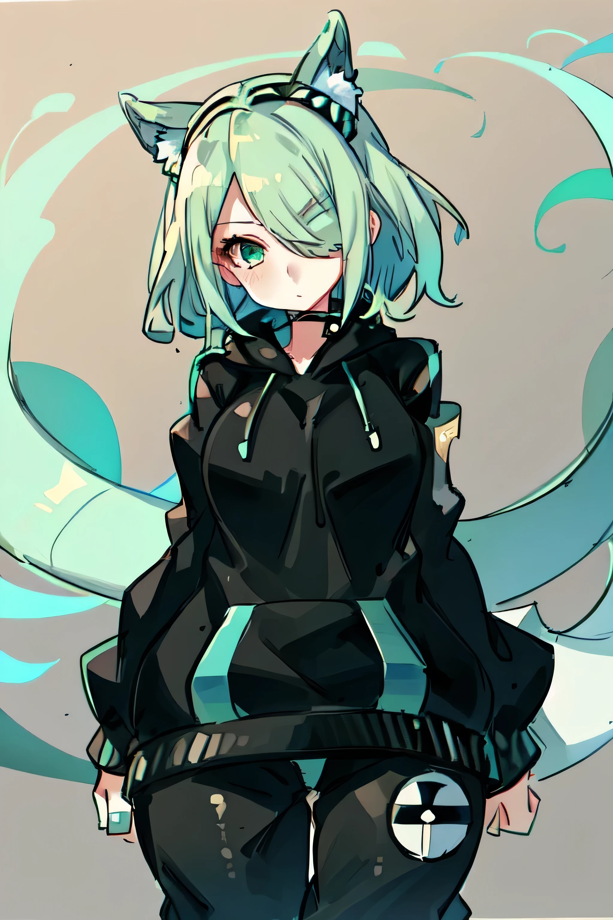 woman, 25 years old, half-leather, anime style, aqua green hair, long and curved at the ends, with a patch over one eye, wearing a black collar, a striped sweatshirt, gray sweatpants, and a samurai helmet. 