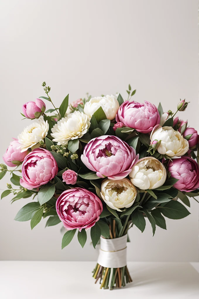 bouquet of peonies in wrapping paper on white background