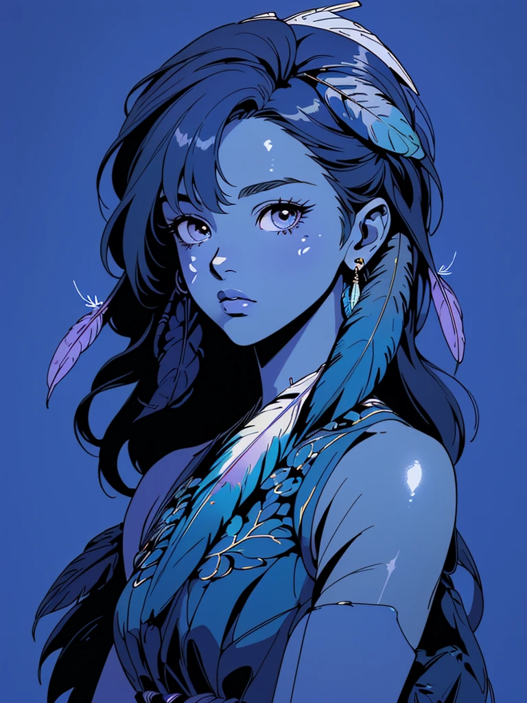 Anime Girl, the 90s(masterpiece, Top quality, best quality, Official Art, beautiful and aesthetic:1.2), (1 Girl:1.3), Very detailed,(Fractal Art:1.1),(rich and colorful:1.1)(Flowers:1.3),The most detailed,(Zentangle:1.2), whole body, (Blue Background:1.3), (shiny skin), (Many colors:1.4), ,(earrings), (feather:1.5),