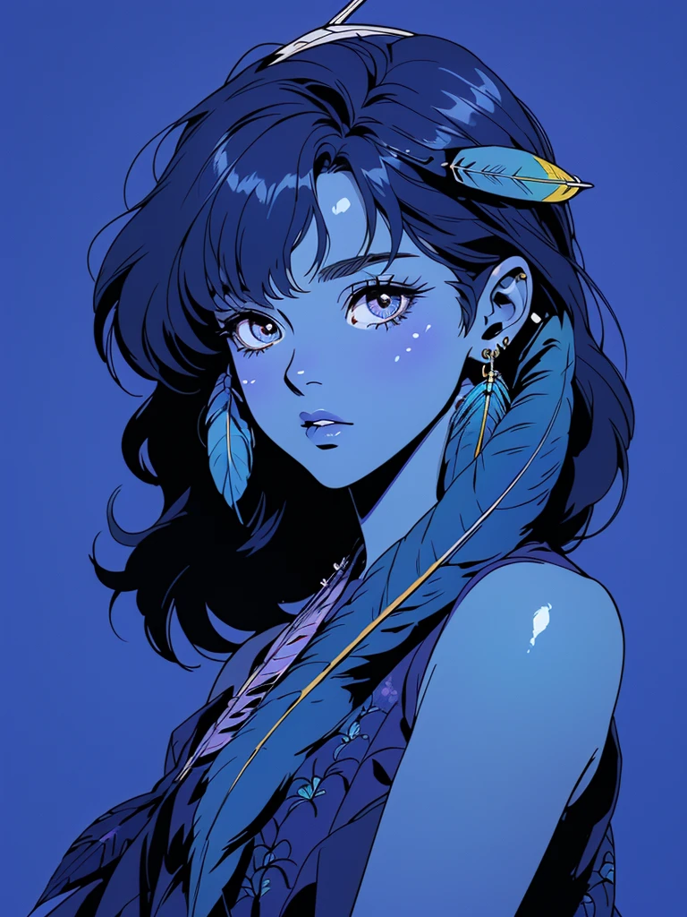 Anime Girl, the 90s(masterpiece, Top quality, best quality, Official Art, beautiful and aesthetic:1.2), (1 Girl:1.3), Very detailed,(Fractal Art:1.1),(rich and colorful:1.1)(Flowers:1.3),The most detailed,(Zentangle:1.2), whole body, (Blue Background:1.3), (shiny skin), (Many colors:1.4), ,(earrings), (feather:1.5),