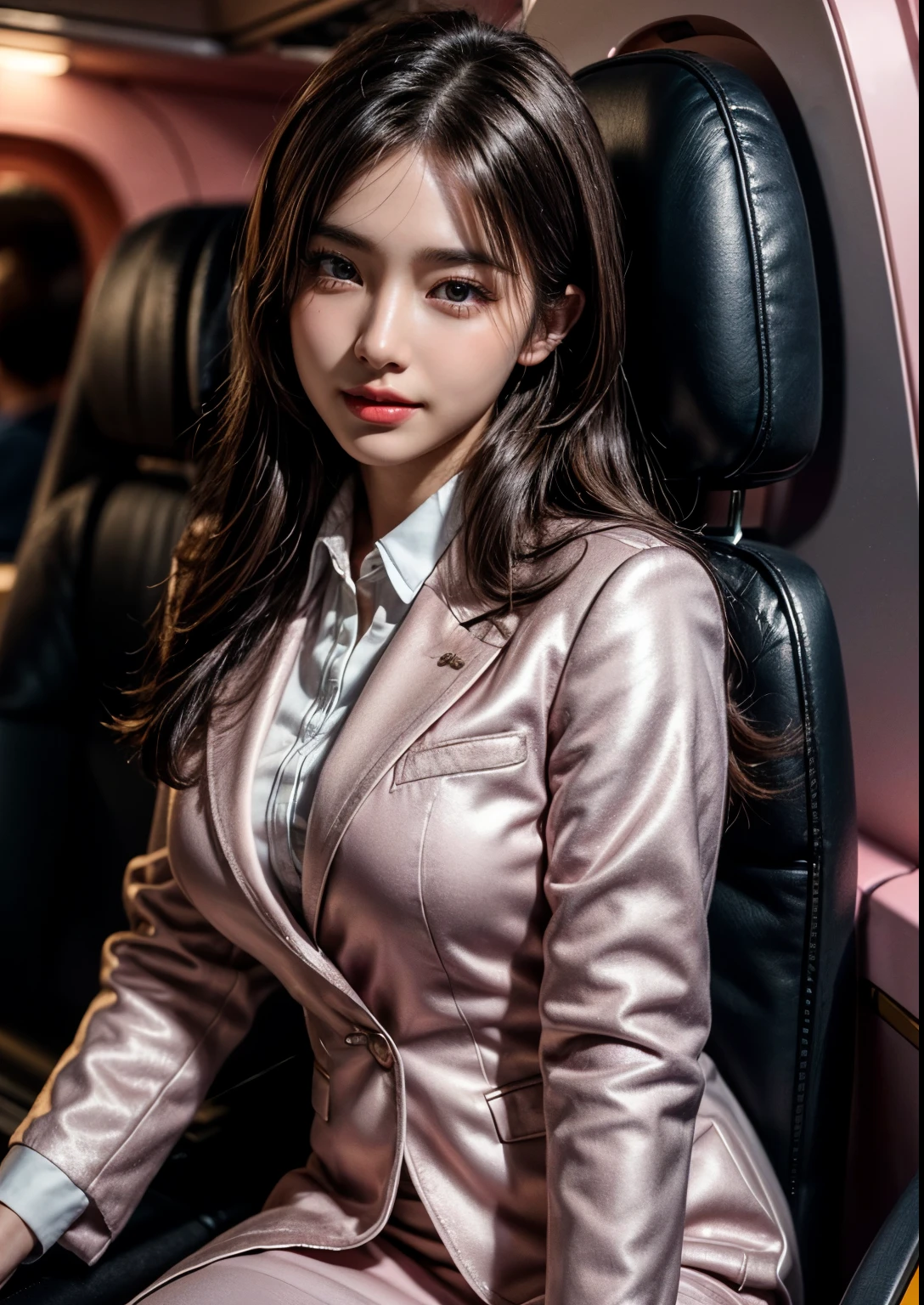 a beautiful Korean young Airhostess girl, (((18 years young girl))), detailed face with beautiful eyes and lips, long black hair, stylish hair, hair pin, romantic Eyes, beautiful eyes, smiley face, happy face, glow face, super round young breasts, beautiful realistic knees, glow skin, bright skin, realistic skin, realistic smile, cutest smile, realistic body, Standing In Flight For On board services, ((Starfish Pink silky Glitter Airhostess uniform)), ((uniform is Pink luxury Blazer)), I'd Card, Flight seats, very big flight, pink flight, very big Luxury Flight Interior, Passengers, detailed Airhostess dress, stylish dress, stylish uniform, stylish Blazer, High resolution dress quality, stylish look, stylish angle, photorealistic, realistic, masterpiece, ultra-detailed,8k, (best quality,8k,highres,masterpiece:1.2),ultra-detailed,(realistic,photorealistic,photo-realistic:1.37), highly detailed, cinematic lighting, vibrant colors, warm tones, masterpiece,highres,warm lighting, vibrant colors, soft focus, elegant, cinematic, highly detailed, professional digital art, UHD, Ultra HD, ultra realistic, hyper realistic, ultra sharp, vivid, realistic atmosphere, Beautiful rally atmosphere in background, beautiful Cockpit in background, detailed Flight interior background, hyper-detailed background, cockpit, very big flight on board, cinematic photography, award winning Photography, Very High Resolution picture quality, full-body shot, 