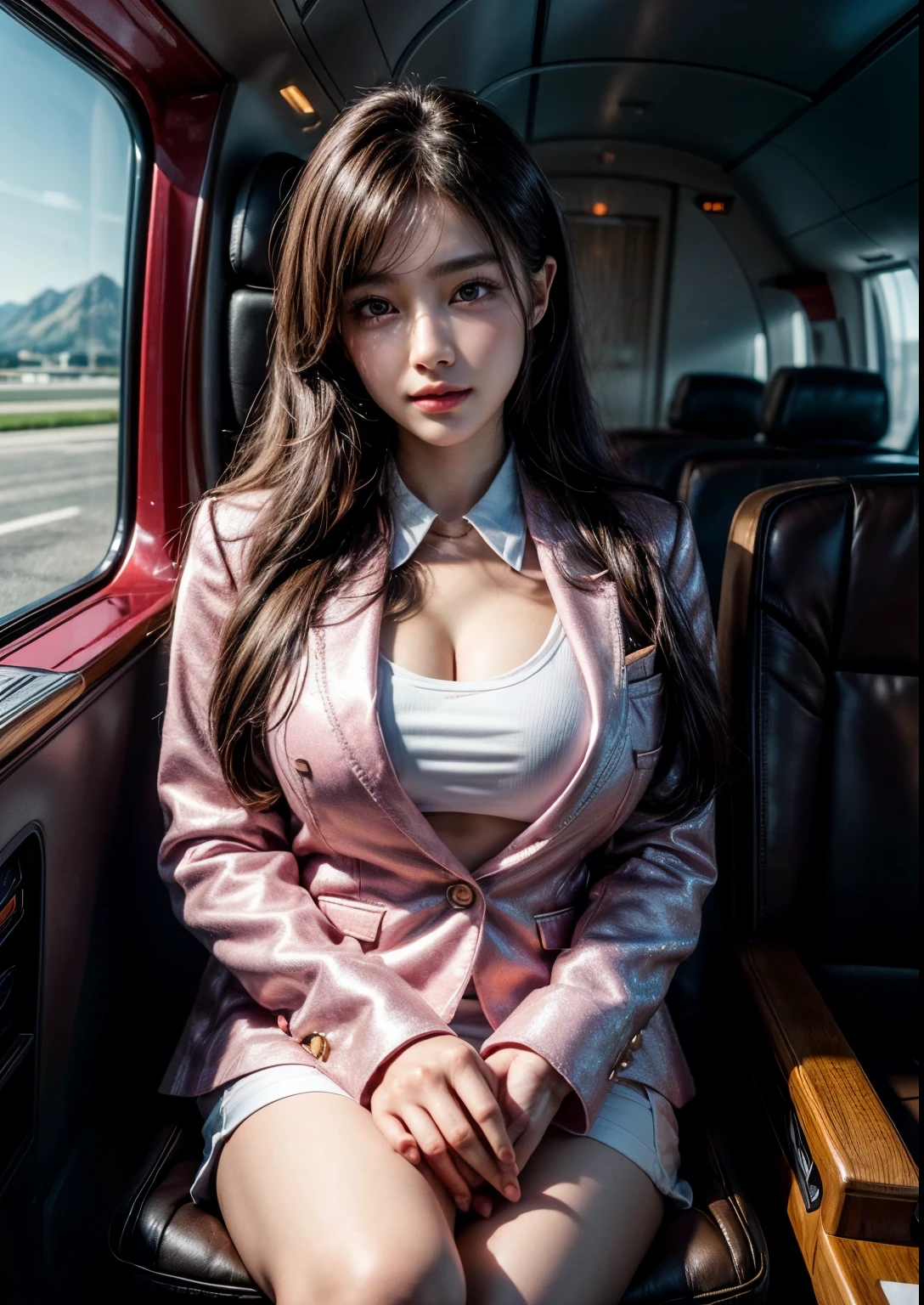 a beautiful Korean young Airhostess girl, (((18 years young girl))), detailed face with beautiful eyes and lips, long black hair, stylish hair, hair pin, romantic Eyes, beautiful eyes, smiley face, happy face, glow face, super round young breasts, beautiful realistic knees, glow skin, bright skin, realistic skin, realistic smile, cutest smile, realistic body, Standing In Flight For On board services, ((Starfish Pink silky Glitter Airhostess uniform)), ((uniform is Pink luxury Blazer)), I'd Card, Flight seats, very big flight, pink flight, very big Luxury Flight Interior, Passengers, detailed Airhostess dress, stylish dress, stylish uniform, stylish Blazer, High resolution dress quality, stylish look, stylish angle, photorealistic, realistic, masterpiece, ultra-detailed,8k, (best quality,8k,highres,masterpiece:1.2),ultra-detailed,(realistic,photorealistic,photo-realistic:1.37), highly detailed, cinematic lighting, vibrant colors, warm tones, masterpiece,highres,warm lighting, vibrant colors, soft focus, elegant, cinematic, highly detailed, professional digital art, UHD, Ultra HD, ultra realistic, hyper realistic, ultra sharp, vivid, realistic atmosphere, Beautiful rally atmosphere in background, beautiful Cockpit in background, detailed Flight interior background, hyper-detailed background, cockpit, very big flight on board, cinematic photography, award winning Photography, Very High Resolution picture quality, full-body shot,