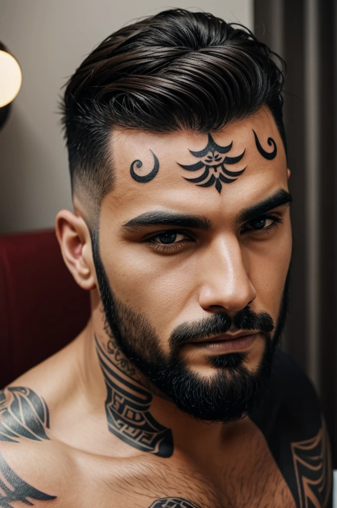 man with tattoo of a dog on his forehead