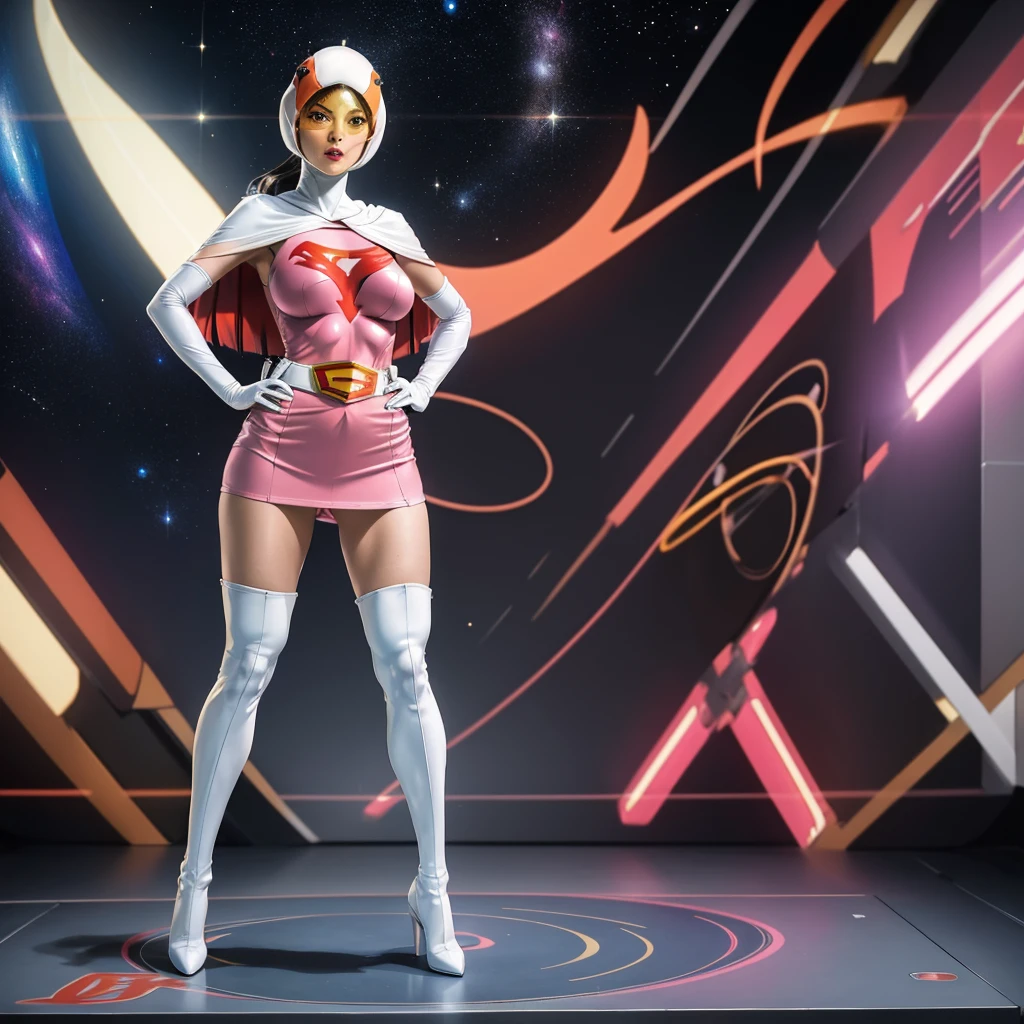 ANI_CLASSIC_jun_gatchaman_ownwaifu,1girl, 15yo,good anatomy, masterpiece, best quality,realistic, hyper realistic, 16k hdr, long hair,breasts,lips,large breasts,lipstick,makeup,gloves,cape,helmet,belt,elbow gloves,white gloves,mask,ultra miniskirt,leotard,spacesuit,white tight overknee highheels boots,pink dress,superhero,bodysuit,cleavage,erected nipples,(stand pose,hands on hip),(spread legs:1.1),cameltoe