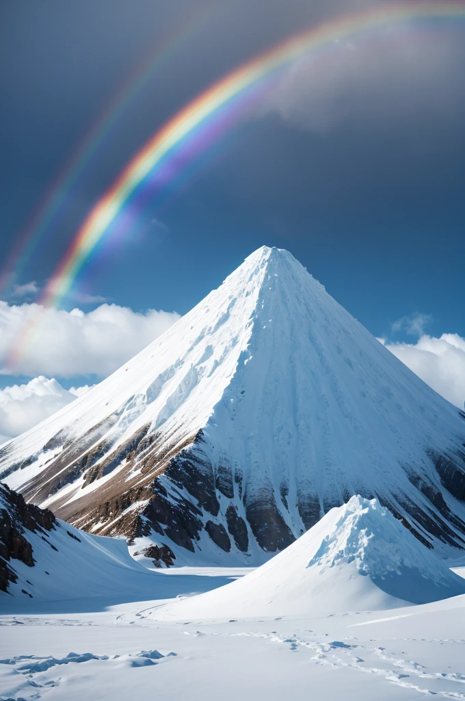 Create a snow mountain with a rainbow in the background and a giant being thawed from an ice crater