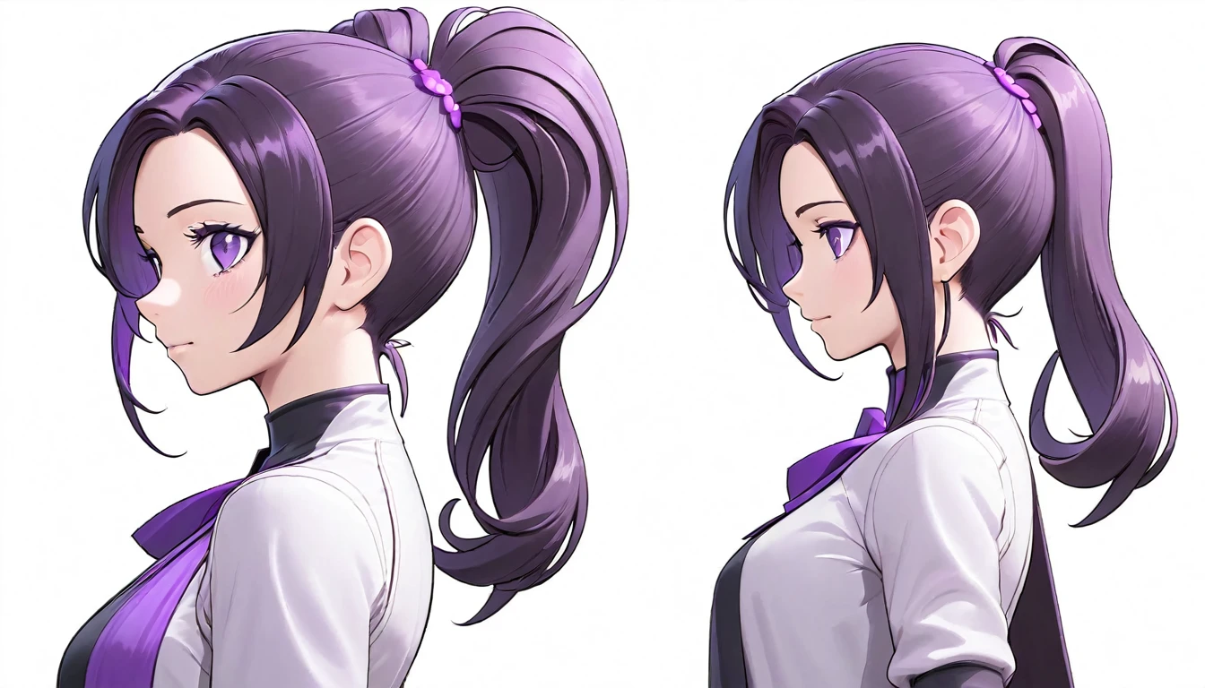 One Mature woman,human, Dark hair with purple strands, Ponytail, purple eyes, neutral expression, HeadShot,Front view,Back view,Side view,Top view, beautiful, masterpiece, best quality, perfect lighting, extremely detailed CG unity 8k wallpaper, reference sheet, model sheet, simple white background, multiple views.