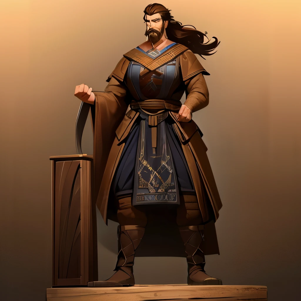 A giant man standing 25 meters tall and with long hair in a long ponytail, Her hair is brown. whisker, barba, brawny. Features a tortoiseshell shield and Viking outfit