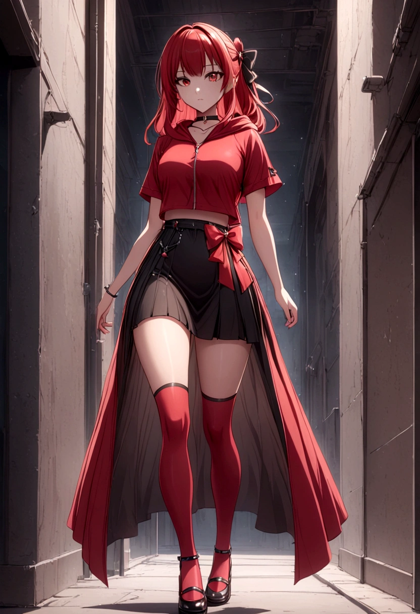 a girl with a red skirt and a black skirt that is under the red shirt . red stockings . red zip up hoodie, black shirt underneath with short sleeves and ,red hair, long hair and a flower with a ribbon on the bottom on the side on the hair and red eyes has a black Choker , and a small heart red necklace ,  has a ribbon bow waistband , full body 